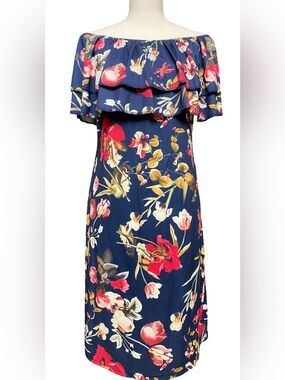 GAMISS Off Shoulder Floral Ruffle Dress Navy Blue Midi Dress Women’s XL NWT